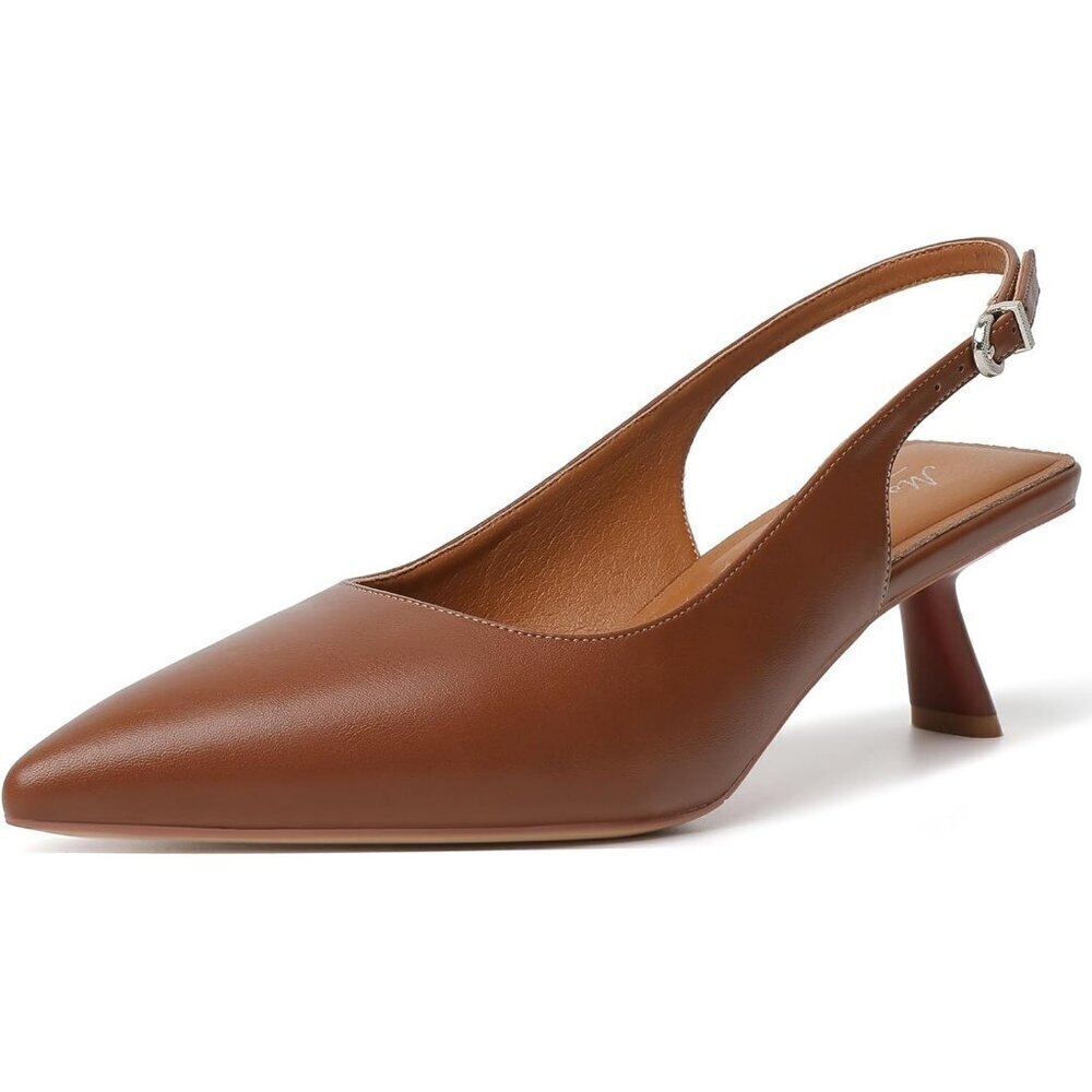 Women's Brown Pu Pointed Toe Pumps Patent Leather Slingback Heels With Buckle - Picture 1 of 9